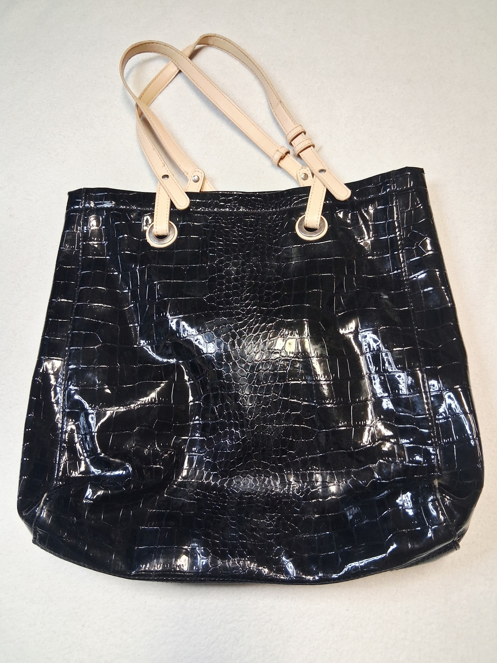 Jessica Black Patent Croc-Embossed Tote with Cream Straps